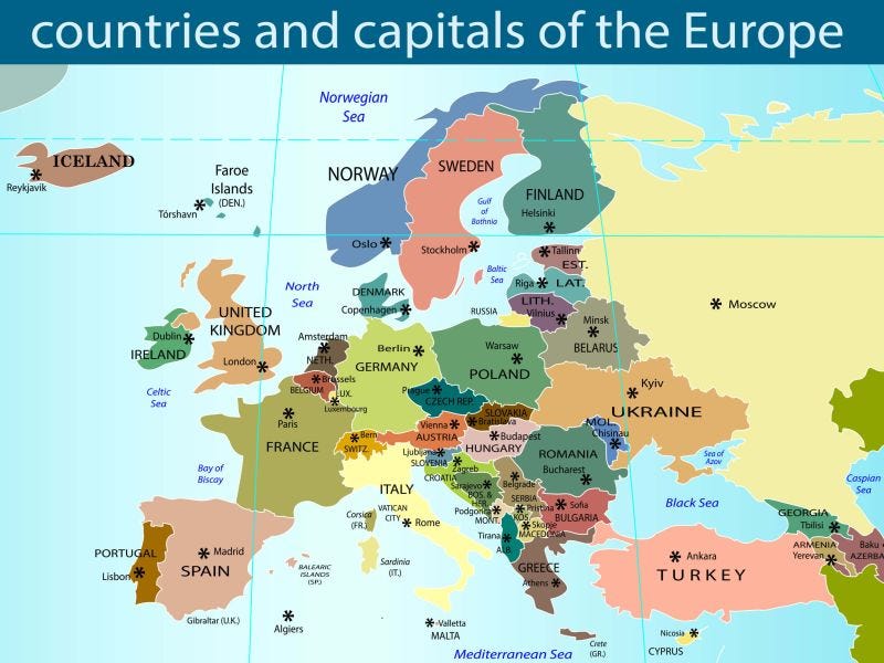 map of countried and capitals of Europe