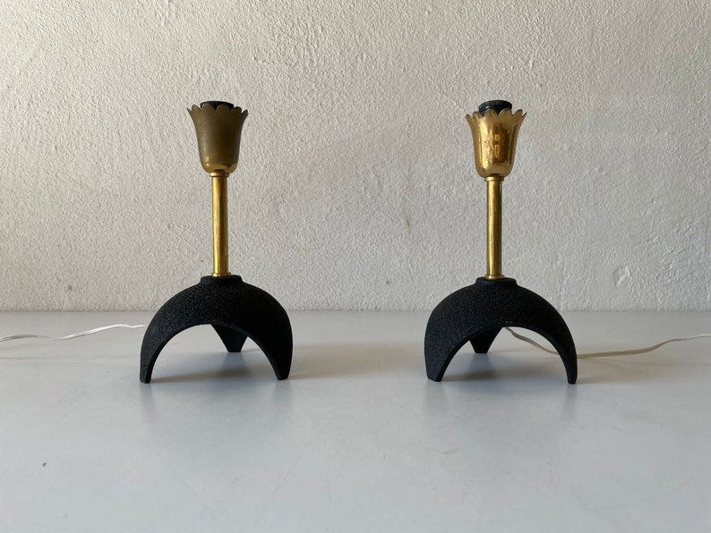 Mid Century Flower Design Brass and Black Tripod Base Small Pair of Table Lamps, 1950s, Italy image 1