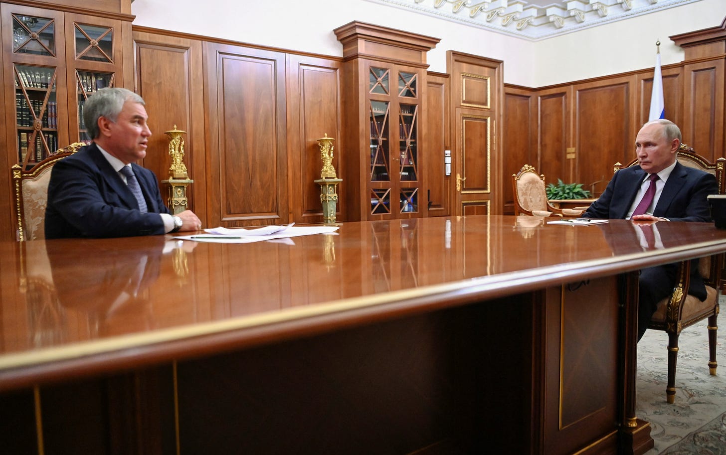 Russian President Vladimir Putin meets with State Duma Chairman Vyacheslav Volodin in Moscow