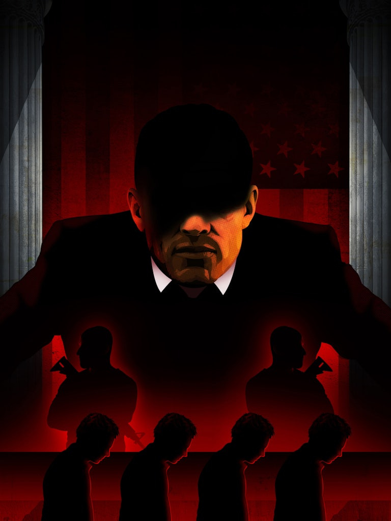 Image of a man in suit with eyes shrouded in shade and red undertones