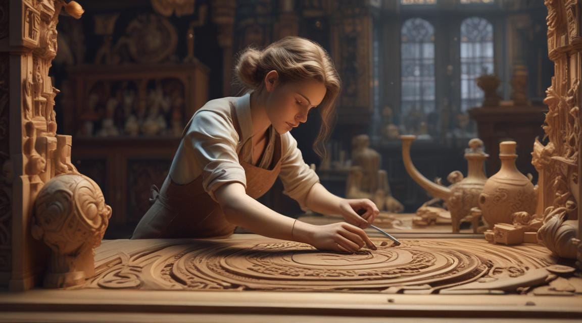 female carpenter carving an intricate carving
