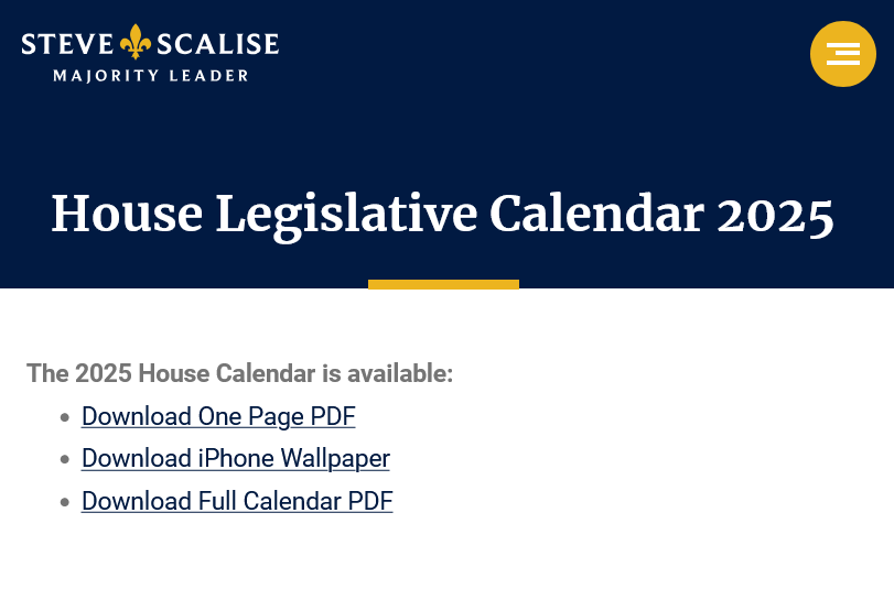 A screen shot of the Majority Leader Scalise's page where you can download the calendar.