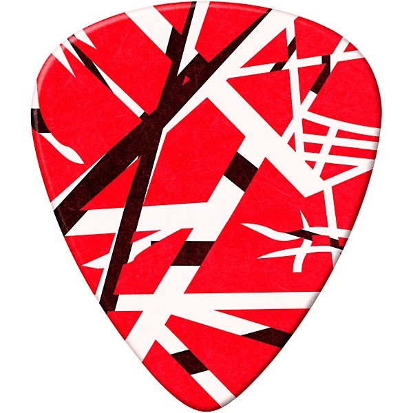 a guitar pic designed to look like Eddie Van Halen's famous red, black, white striped guitar