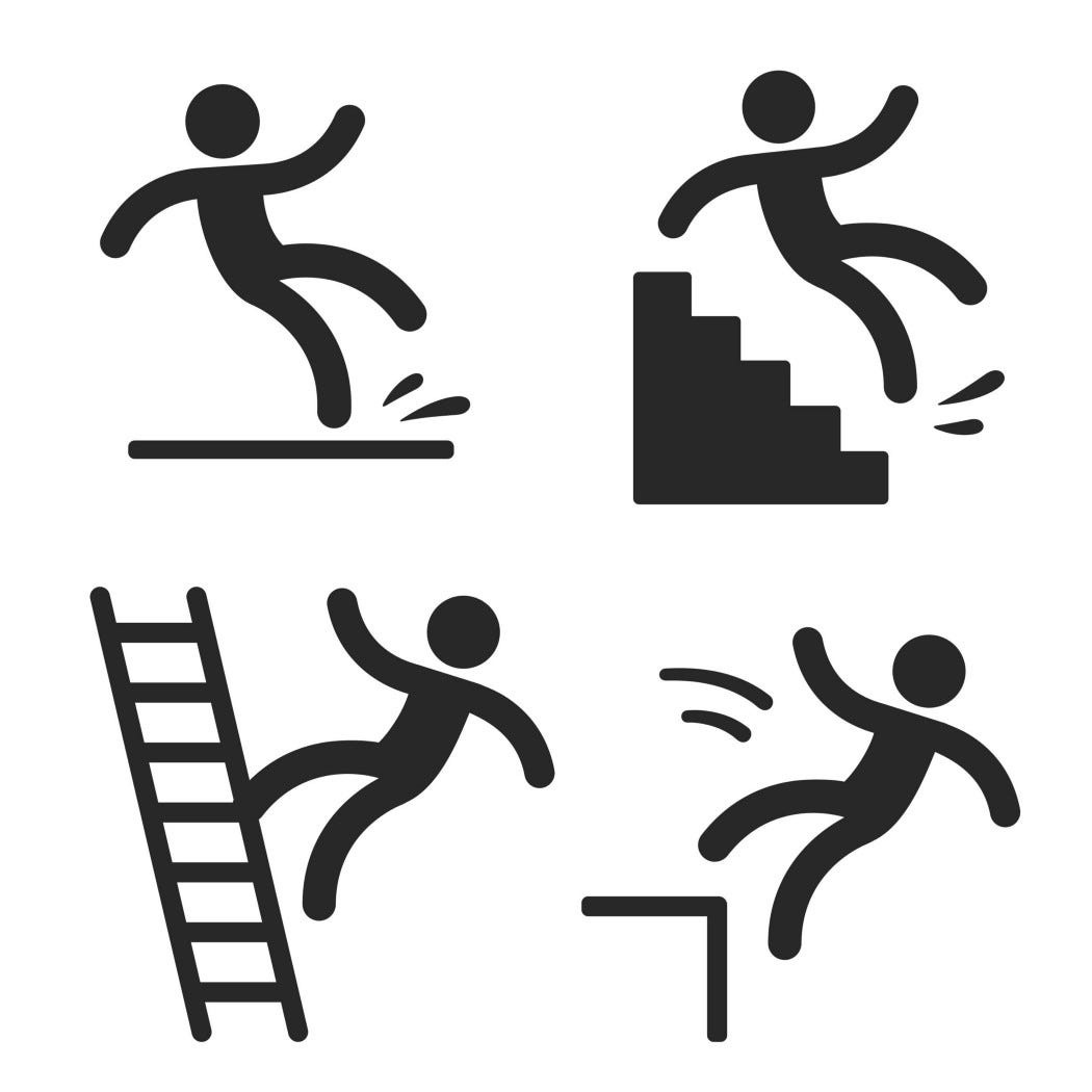 4 black and white cartoon drawings of people falling — off a ladder, slipping on a floor, off a flight of stairs, off a curb