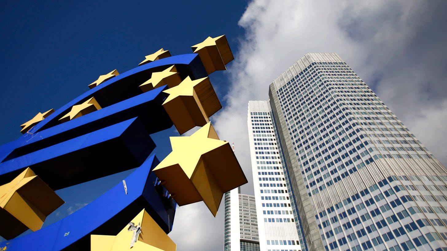 A euro currency sign advertises the European Central Bank (ECB) headquarters in Frankfurt, Germany.