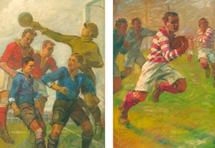 A painting of a group of men playing football

Description automatically generated