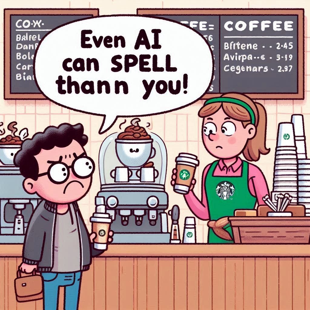 Cartoon illustration: Starbucks coffee shop. A frowning customer holds a coffee cup, saying to the barista, “Even AI can spell better than you!” The barista stands behind the counter, next to coffee machines, stacked cups, and ingredients. by DALL-E