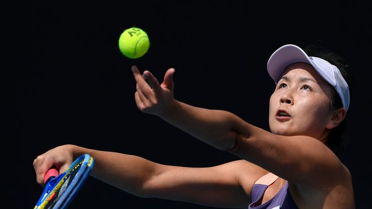 China&#39;s Peng Shuai serves to Japan&#39;s Nao Hibino during their first round singles match at the Australian Open tennis championship in Melbourne, Australia, on Jan. 21, 2020. The whereabout of Peng remains a pressing question at the Beijing Olympics. Peng’s accusations of sexual assault months ago against former vice premier Zhang Gaoli, once a member of the all-powerful Politburo Standing Committee, were scrubbed almost immediately from the internet in China. (AP Photo/Andy Brownbill, File)