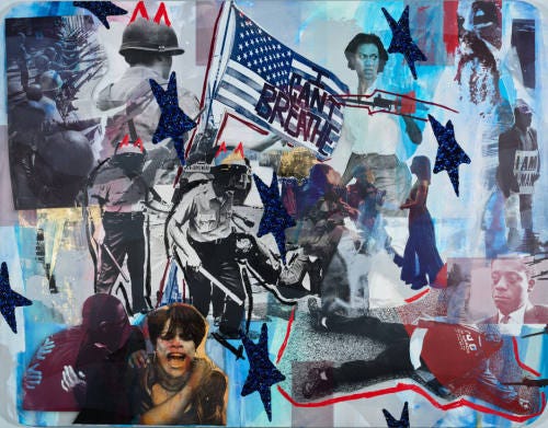 Multiple images of soldiers, stars, and red, white and blue photos fill up the space. There are also images of black people mixed in as well as the quote "I can't breathe", which is related to police violence against black people Multiple images of soldiers, stars, and red, white and blue photos fill up the space. There are also images of black people mixed in as well as the quote "I can't breathe", which is related to police violence against black people