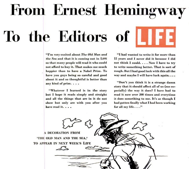 Pagina di Life che pubblicizza "Il vecchio e il mare" con un'intervista a Hemingway e un disegno.