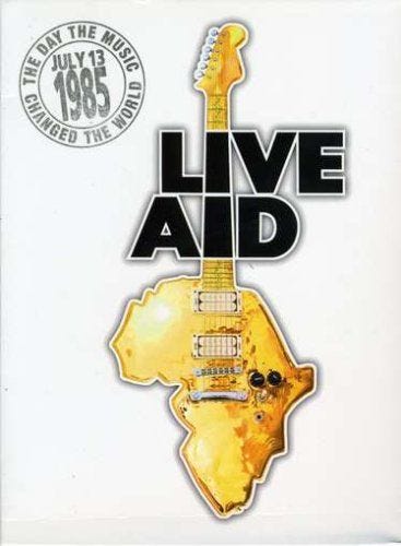 This may contain: the back side of a sticker that says live aid with an image of a guitar