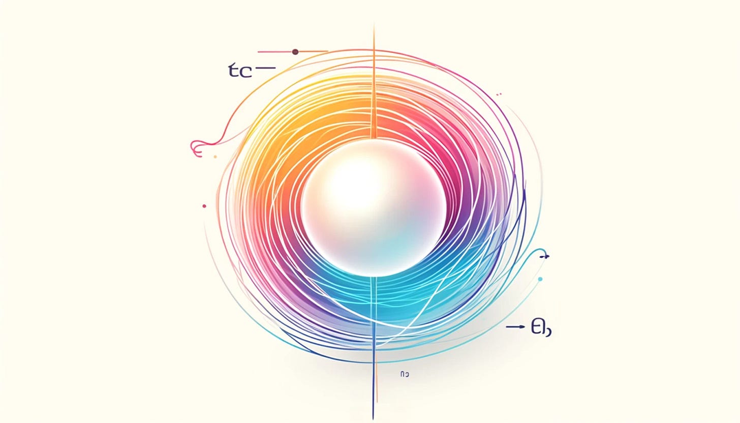 A highly minimalistic and colorful sketch of an electron, featuring a simple bright dot representing the electron with smooth, thin, multicolored lines swirling around it to depict its quantum field. The design is clean and abstract, with soft vibrant colors on a plain white background, without any mathematical representation or spin vectors. Aspect ratio 2:1.
