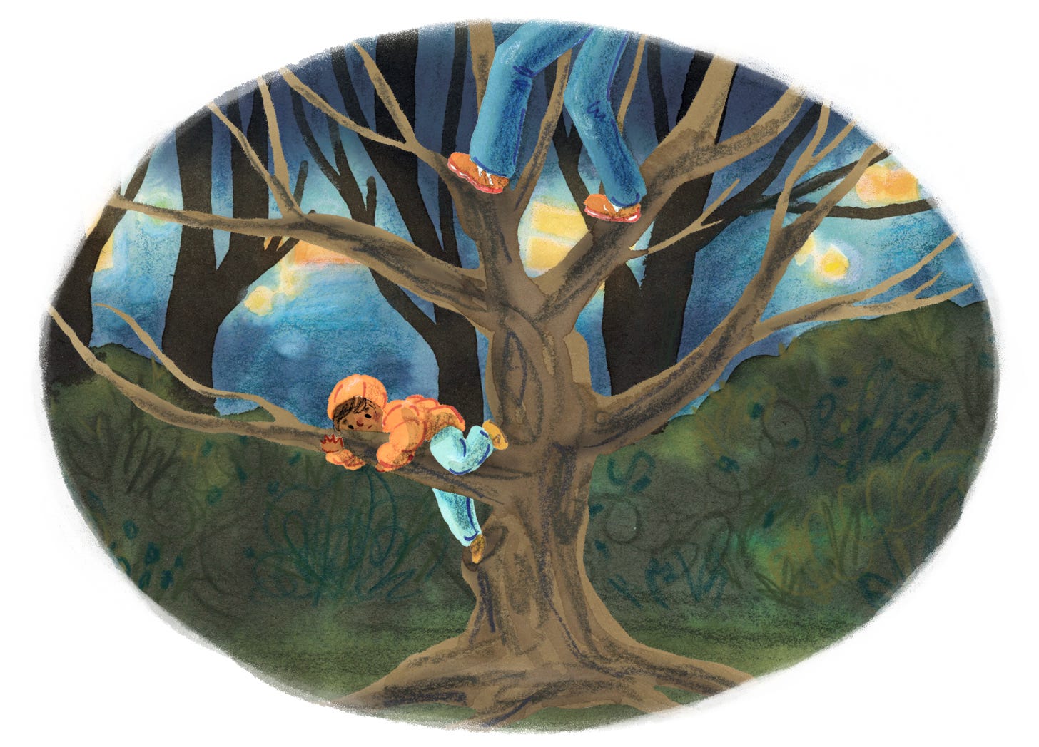 illustration of a young boy in orange puffer jacket climbing a tree at night. His dad's legs are visible in the branches above him. Mixed media illustration by Nanette Regan from Rajiv's Starry Feelings by Niall Moorjani