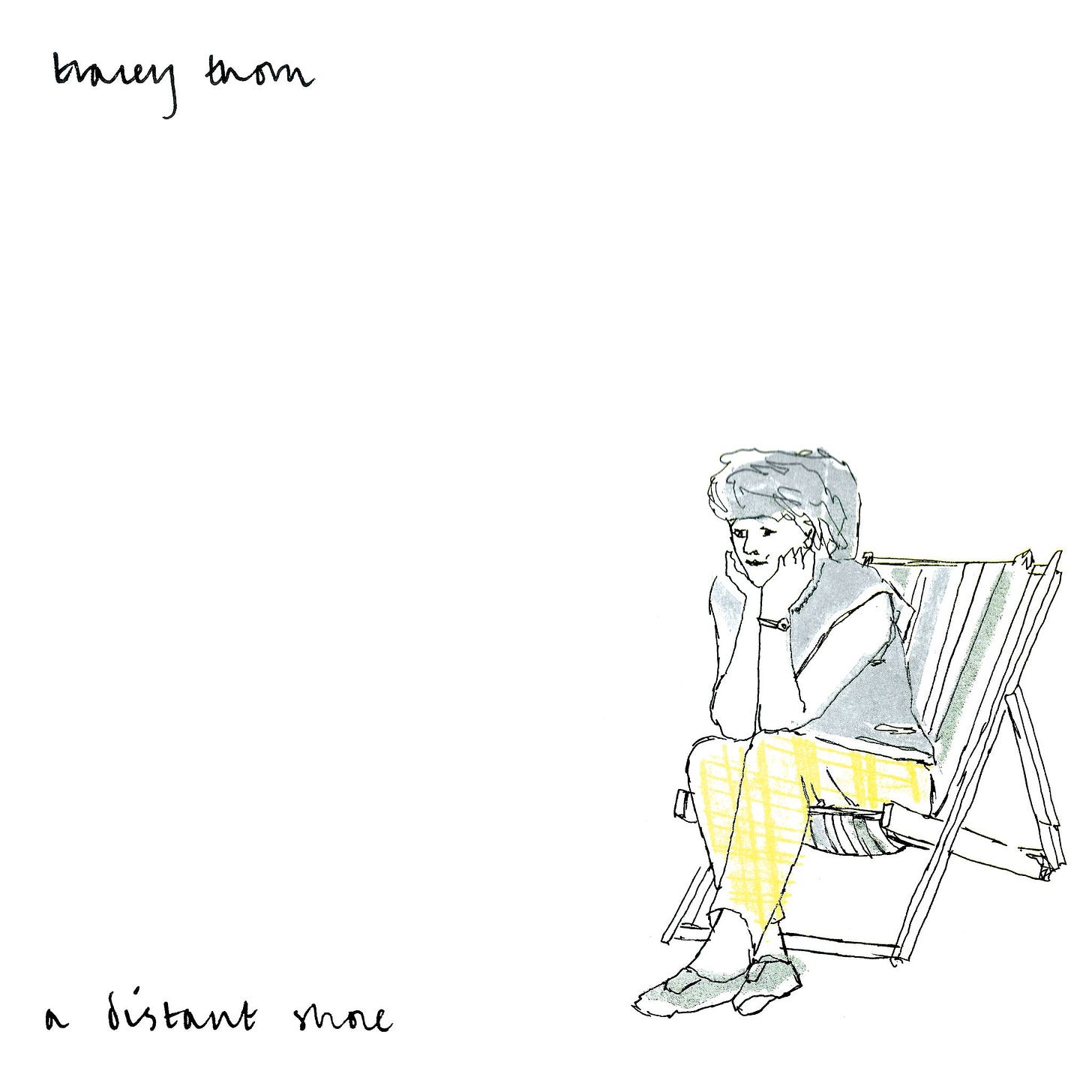 The LP sleeve. Minimalist, with a line drawing of Tracey sitting in a deckchair, looking pensive.