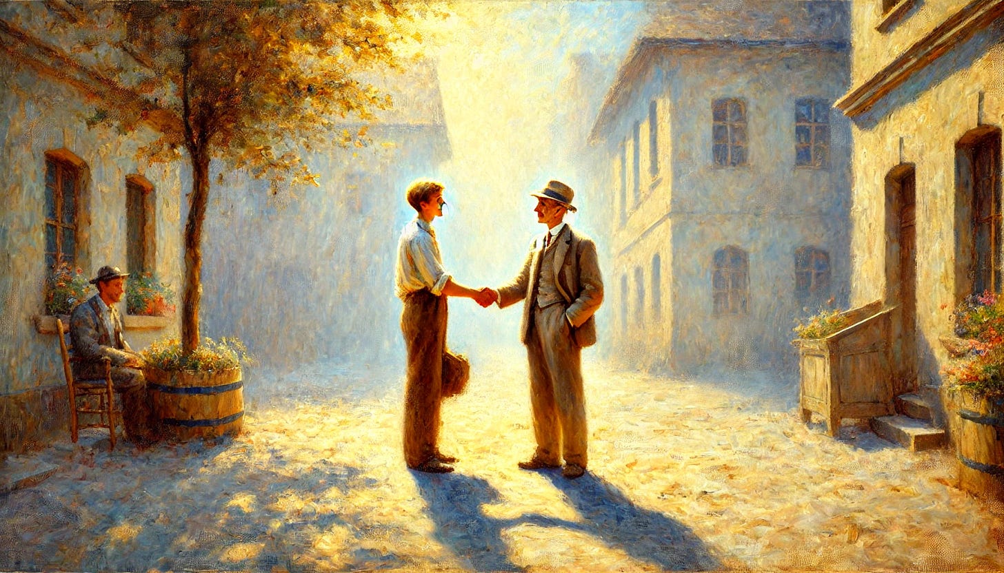 An impressionistic oil painting of two men shaking hands with a look of trust and understanding between them. The scene is reminiscent of Fritz Syberg's style, with soft, dappled light filtering through a serene atmosphere. The background features old European buildings, adding a quaint, timeless feel. Gentle, pastel-like colors evoke a peaceful, sunny day, creating a calm and harmonious setting. The color palette is soft, with warm and cool tones blending to capture the essence of a tranquil village under sunlight. Wide aspect ratio.