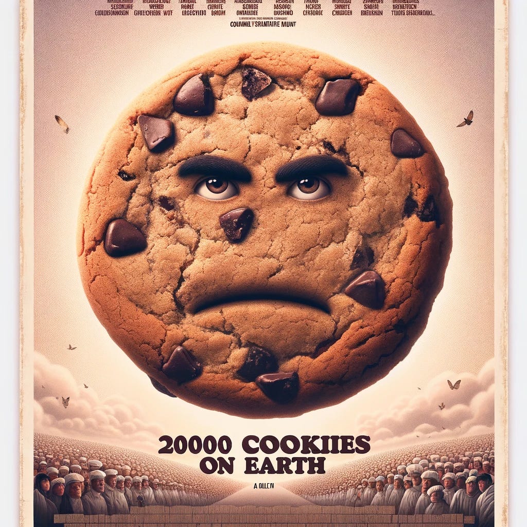 Create an alternative movie poster for the fictional documentary '20000 Cookies on Earth' in a style that closely matches the original '20000 Days on Earth' film poster. The poster should have a large, detailed, animated chocolate chip cookie in the center with a serious and profound expression, symbolizing depth and creativity. The background should emulate the serious documentary style of the original poster, using similar muted color tones and textures. The title '20000 Cookies on Earth' should be prominently displayed in full, in a font and style that mimic the original movie title. The design should be devoid of any human elements, focusing entirely on the theme of cookies, with baking-related items subtly integrated into the background.
