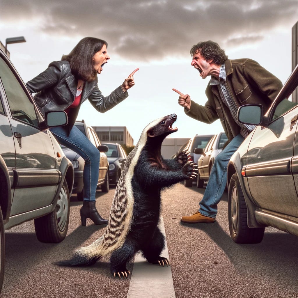 A dramatic and humorous scene depicting a Honey Badger in the middle of a road rage incident between two adults. The adults are angrily shouting at each other between parked cars. The Honey Badger, anthropomorphized for added effect, stands on its hind legs, with its neck craned back, shouting up at one of the adults. It's dramatically thrusting a pointer finger away, as if banishing the adult and his nonsense. The scene is set on a city street with visible cars and buildings in the background, capturing the intensity and absurdity of the situation.