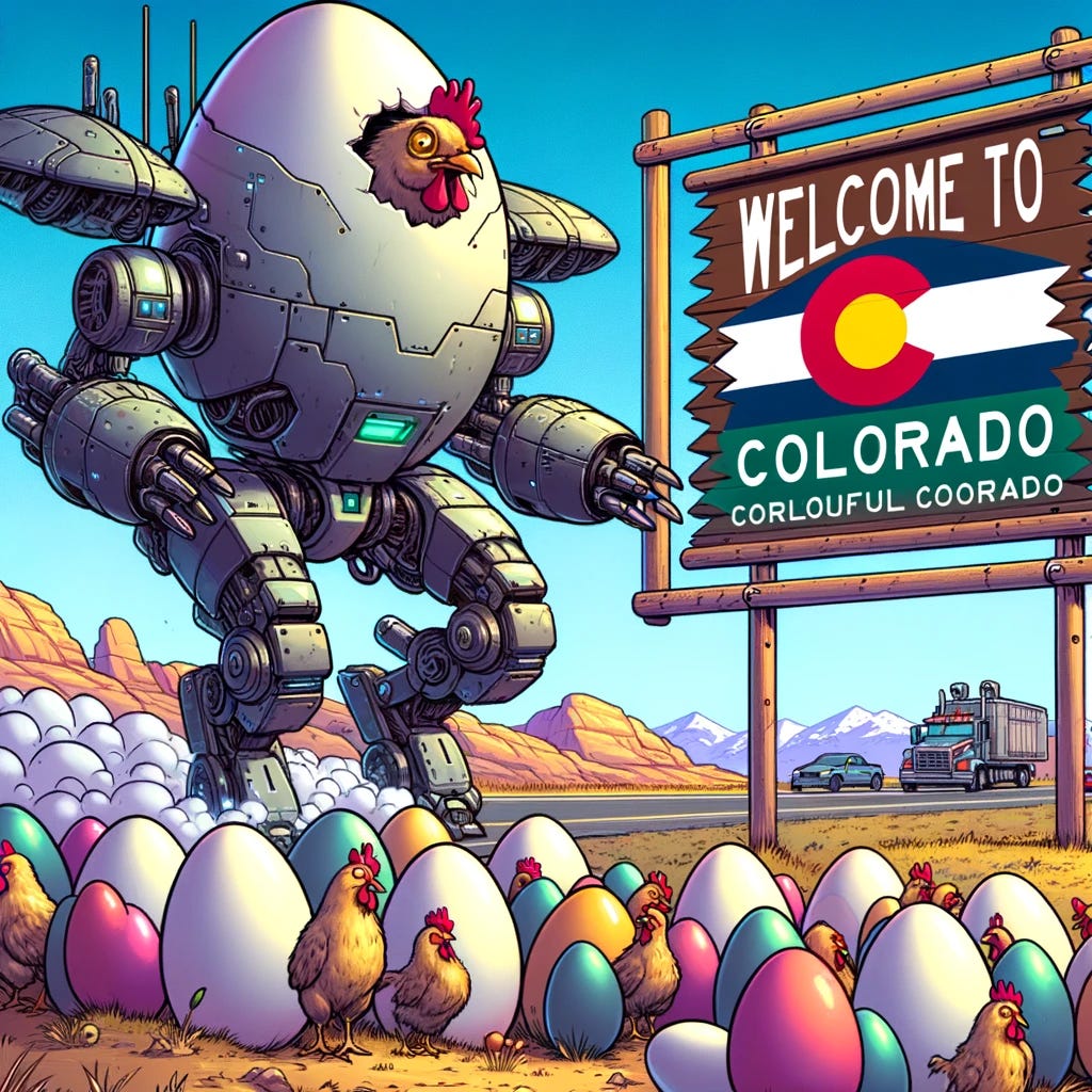 Create a cartoon image depicting a group of sci-fi metallic eggs that resemble mechwarriors, piloted by chickens. These mechwarrior eggs are in the process of crossing the border into Colorado, positioned next to the iconic "Welcome to Colorful Colorado" sign. The scene should be dynamic and humorous, capturing the whimsical nature of chickens piloting futuristic mechwarrior eggs. The background should highlight a typical Colorado landscape, enhancing the contrast between the sci-fi elements and the natural beauty of the state. Ensure the image is colorful, engaging, and captures the essence of this imaginative scenario.