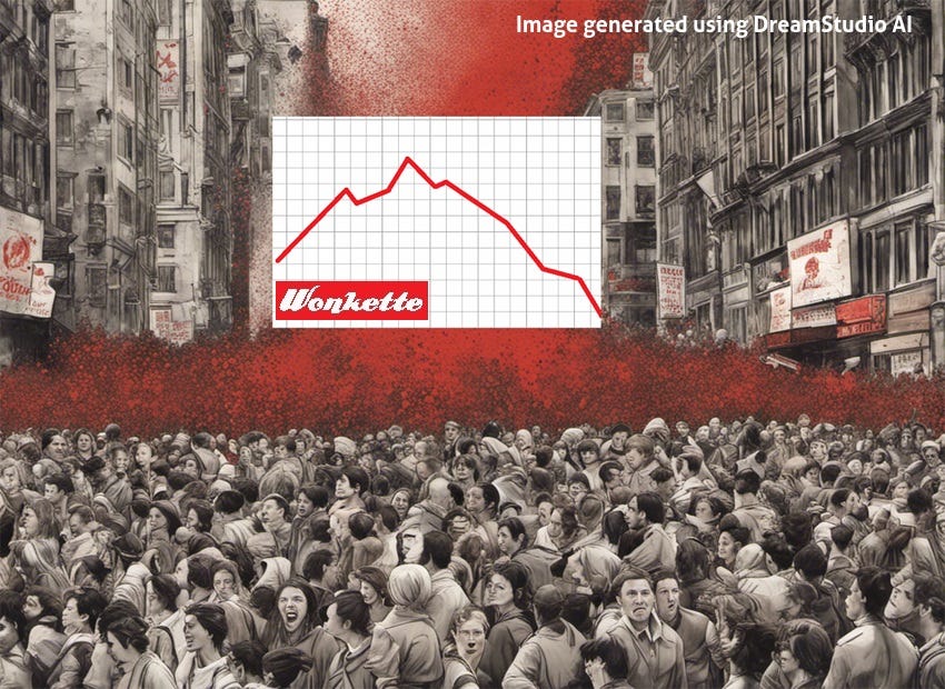AI illustration of a panicked crowd in the streets, fleeing a massive torrent of what appears to be blood from the skies, with a line graph showing a downward trend in the midst of the panic. The crowd and city are in greyscale, the blood storm in vivid red 