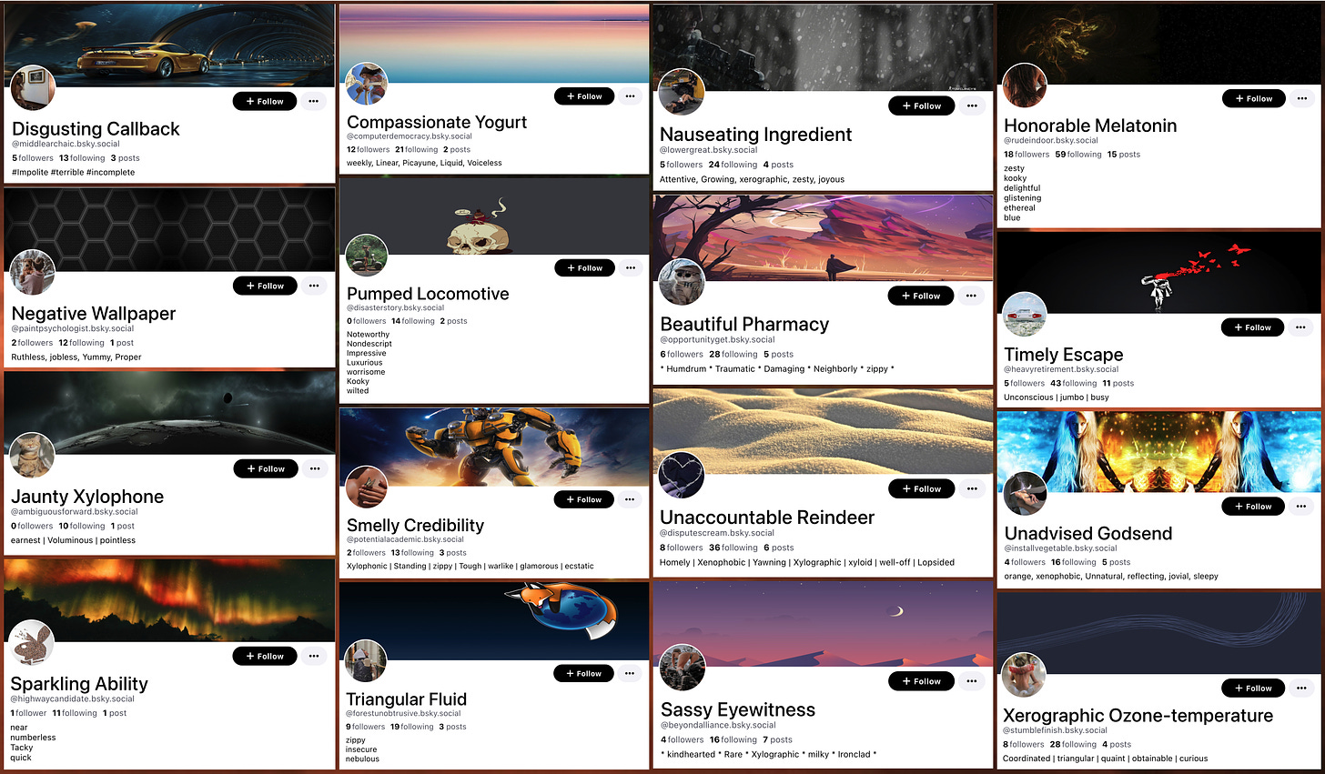 collage of 16 bluesky accounts with random adjective + noun names