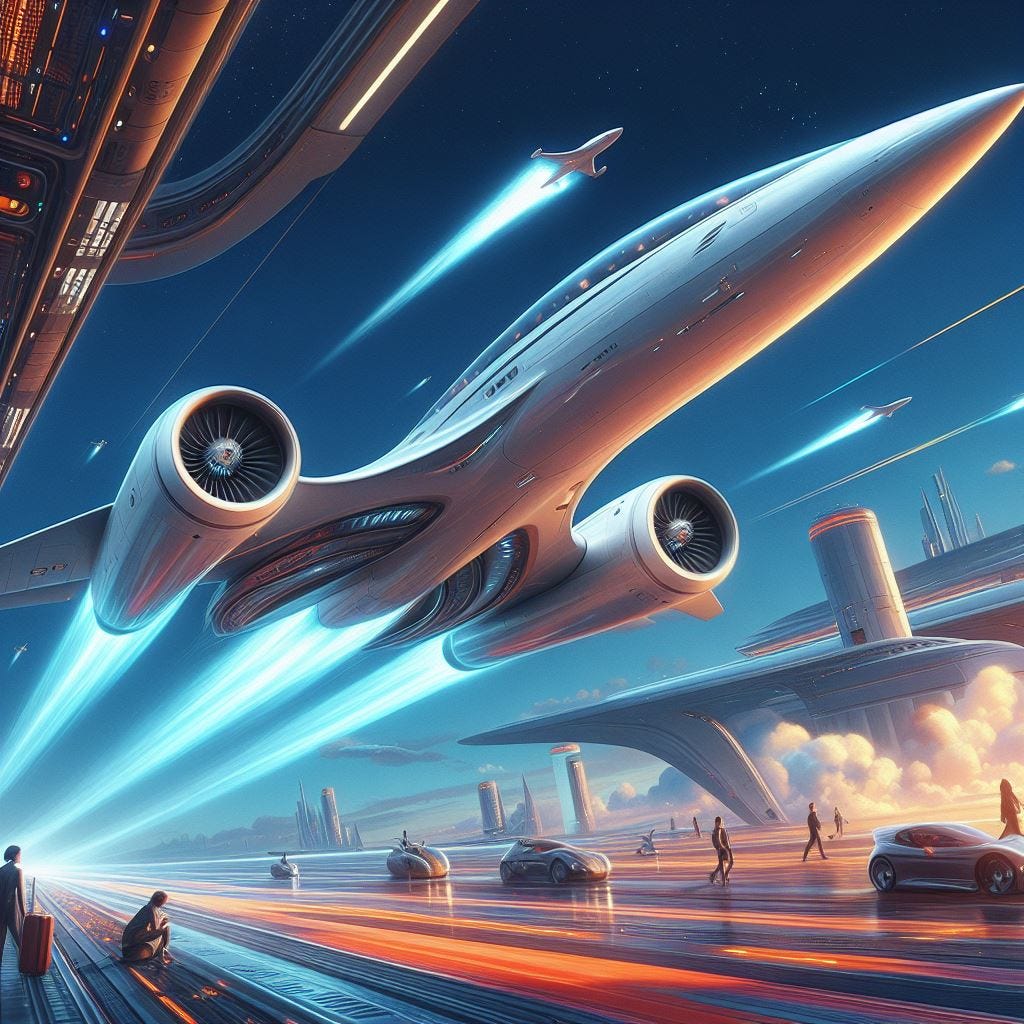 A futuristic art of electric propelled supersonic aircraft for passengers in a Pixar art style