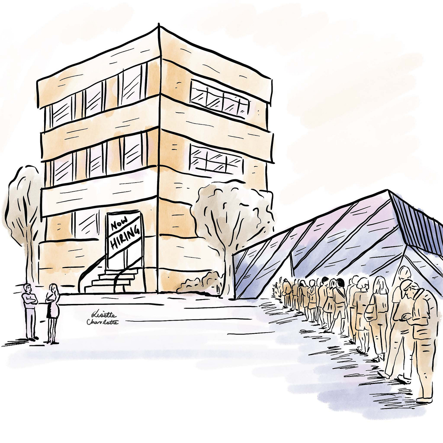 An illustration showing an older building struggling to hire staff and then a new fancy building with a line of candidates