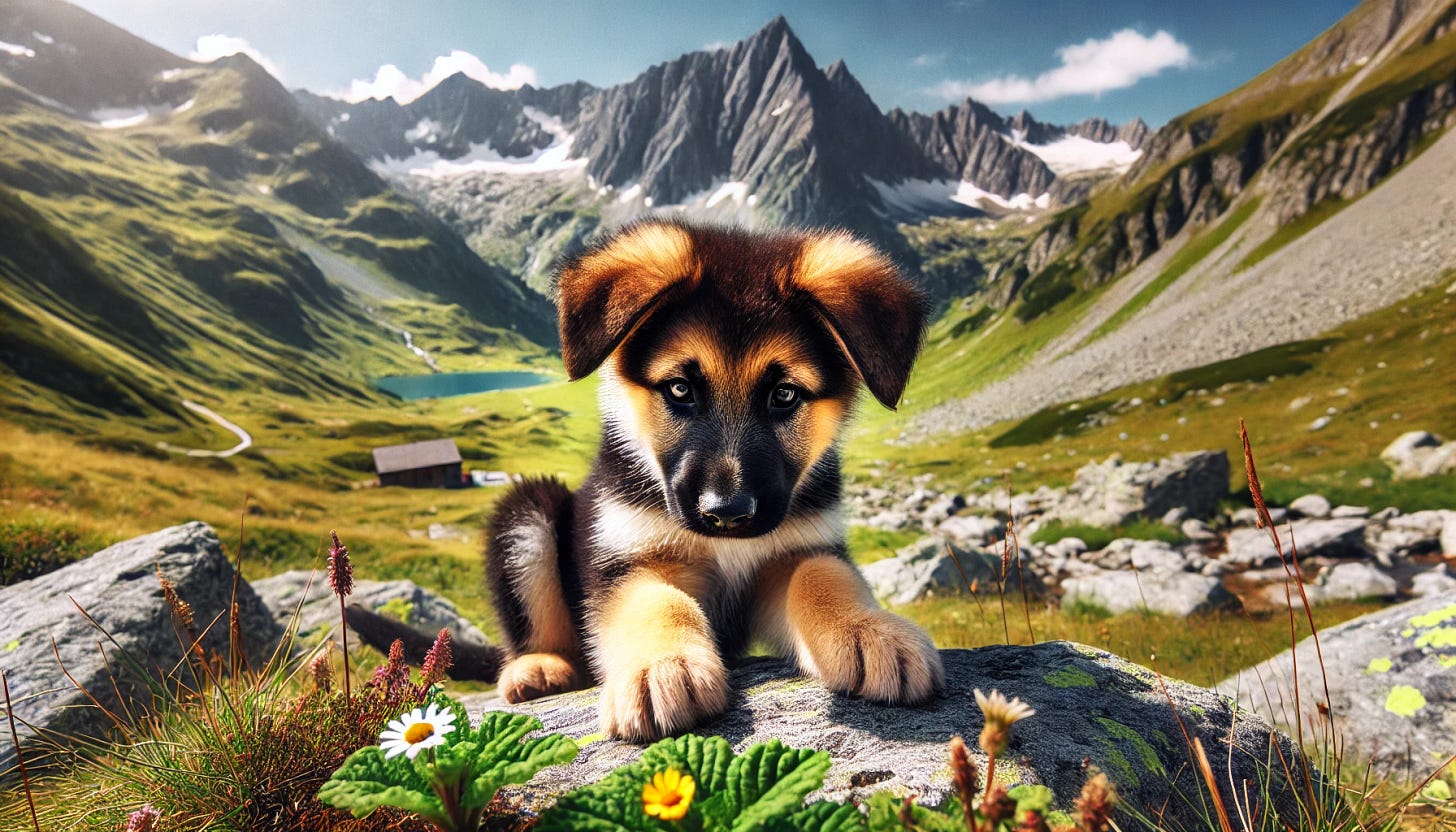 A playful German Shepherd puppy exploring a scenic mountain landscape. The puppy looks curious and adventurous, with its paws on rocks or sniffing wildflowers. The background features majestic, snow-capped peaks, green slopes, and a clear blue sky. There are a few small streams or patches of snow scattered around, hinting at the cool, alpine environment. The puppy's fur is soft and fluffy, with classic black-and-tan markings. The scene feels bright, crisp, and filled with the spirit of adventure.