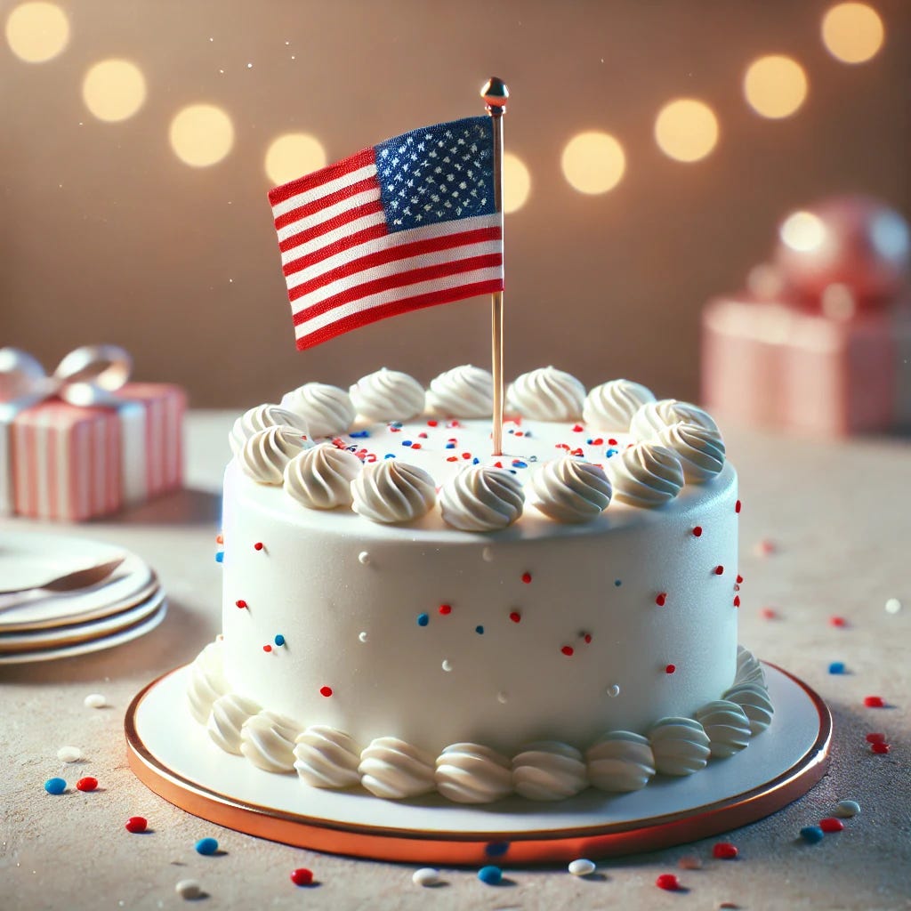 A realistic image of a birthday cake decorated with classic white frosting and sprinkles, with an American flag on a small stick inserted into the top. The cake is set on a simple table with festive decorations around, and a soft, celebratory lighting enhances the scene. The American flag is small, standing upright at the center of the cake, symbolizing a patriotic celebration.