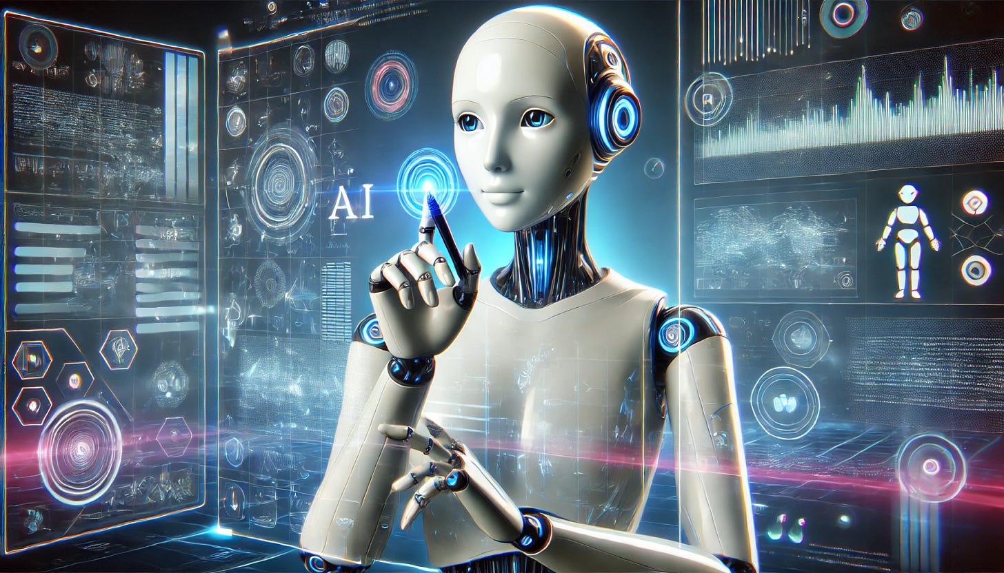 A personified AI assistant with a sleek, humanoid appearance, writing on a virtual glowing screen using its fingers. The background is filled with a futuristic, tech-inspired interface, featuring holographic elements, data streams, and glowing symbols. The assistant has a friendly yet advanced design, with soft metallic features and glowing accents. The overall color scheme is dominated by blues, whites, and subtle neon highlights, evoking a high-tech, sci-fi environment. The composition emphasizes interaction and advanced technology in a widescreen aspect ratio.