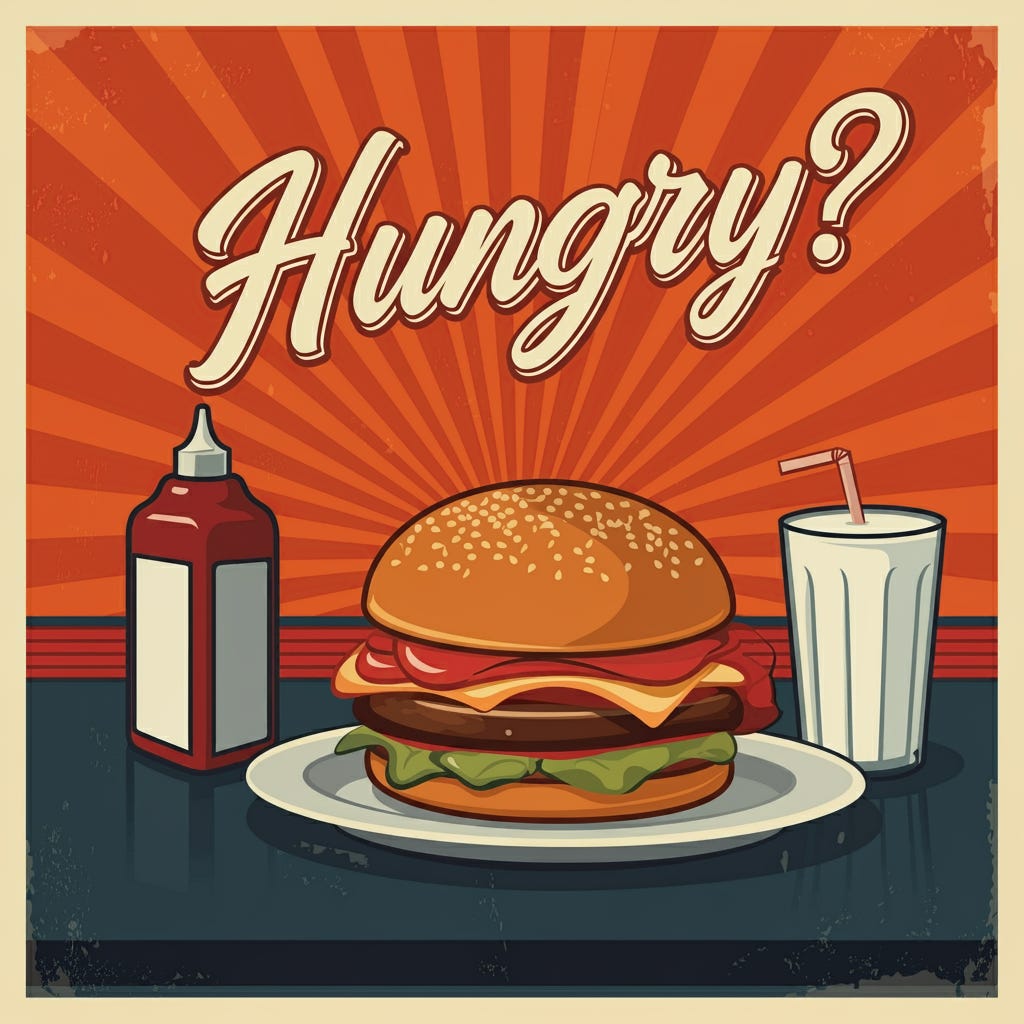 Vintage 1950s poster for a diner with the word "Hungry?" by Imagen 3