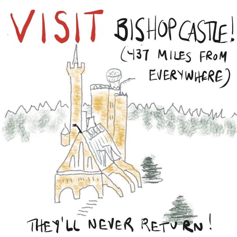 A drawing of Bishop Castle tourist attraction