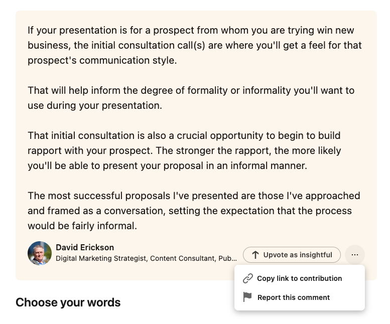 Screenshot of LinkedIn's Report Comment function on its AI-generated articles