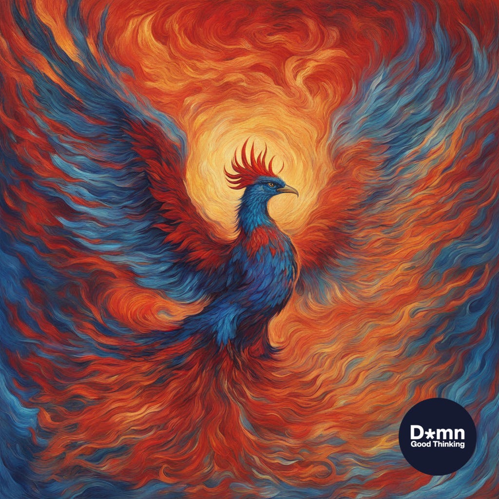A phoenix (mythological creature), rising from the ashes of its predecessor in brilliant red and blue colors.