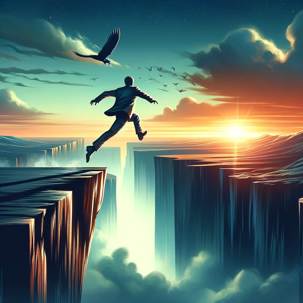A dynamic illustration symbolizing the leap towards greatness without seeking permission. The image shows an individual standing at the edge of a cliff, looking towards a vast horizon, preparing to leap across a gap that leads to a higher plateau. This leap represents the decisive moment of taking action towards one's goals, symbolized by the higher ground, without waiting for external validation. The figure's posture is one of determination and readiness, embodying the courage and boldness required to embrace initiative. The background features a sunrise, symbolizing new beginnings and the limitless potential that awaits those who dare to act on their convictions. This visual metaphor captures the essence of pursuing greatness through self-directed action and the transformative power of embracing one's autonomy.