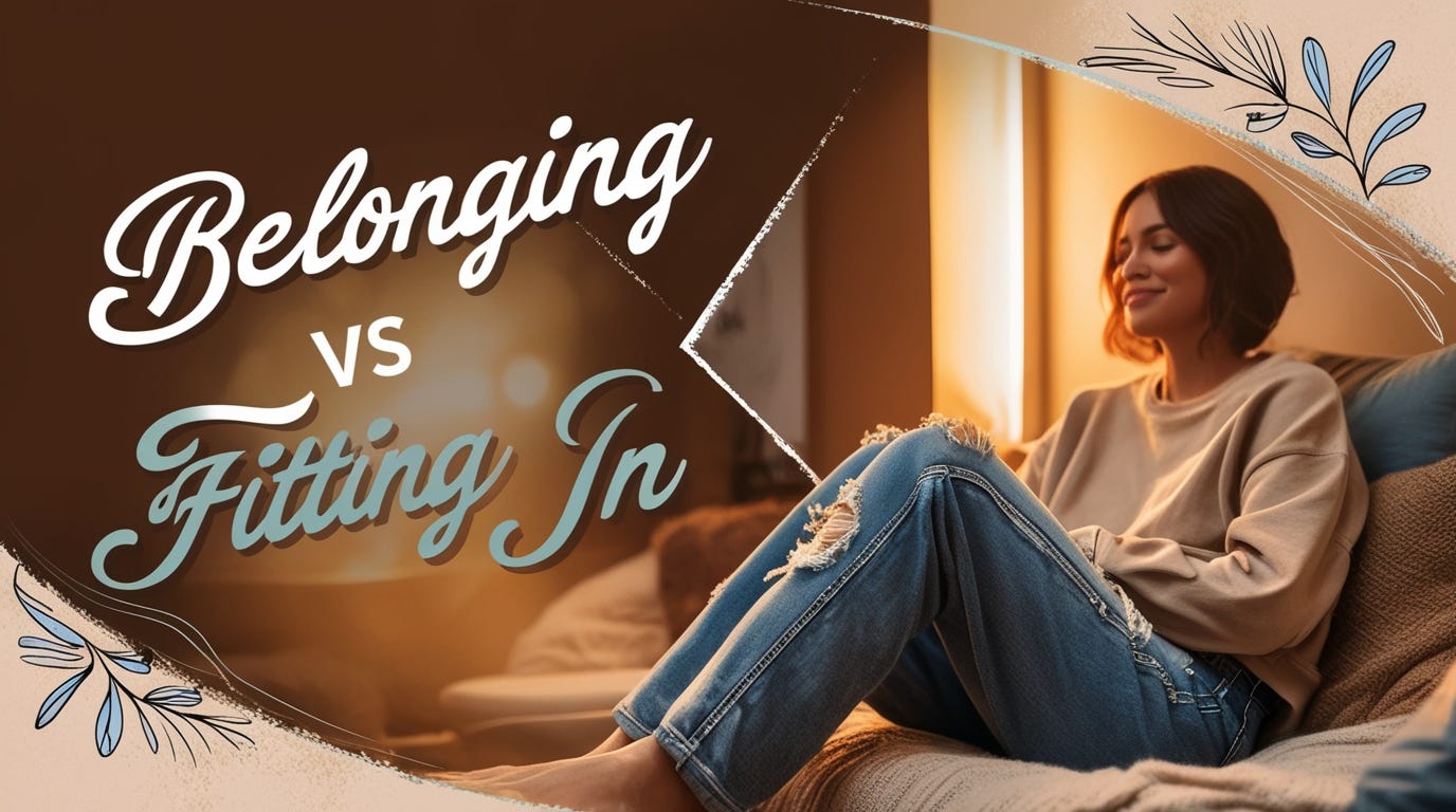 Image of a woman resting on her couch in her comfortable jeans, feeling like she's belonging rather than fitting in