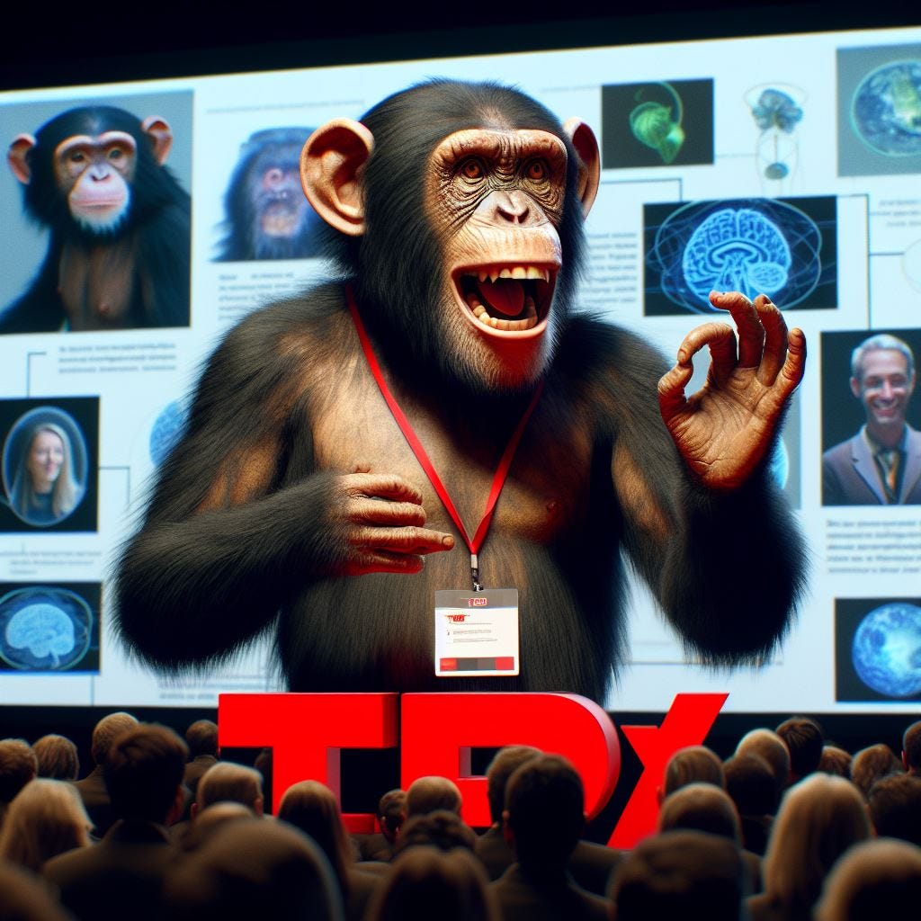 a realistic Monkey giving a TEDx talk