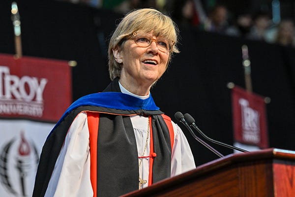 The Rt. Rev. Dr. Glenda Curry, Bishop of the Episcopal Diocese of Alabama, challenged graduates to continue learning. (TROY photo/JOEY MEREDITH) The Rt. Rev. Dr. Glenda Curry, Bishop of the Episcopal Diocese of Alabama, challenged graduates to continue learning. (TROY photo/JOEY MEREDITH)