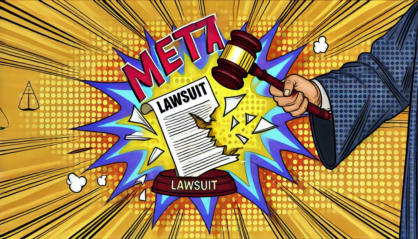 A vibrant pop-art style illustration featuring a judge's gavel smashing down on a document labeled 'Lawsuit,' which is breaking apart dramatically into pieces. Behind the gavel, the Meta logo shines brightly, symbolizing victory. The scene has comic-style energy lines, bright explosive colors, and dramatic effects around the breaking document, creating a powerful and energetic atmosphere in line with pop-art aesthetics.