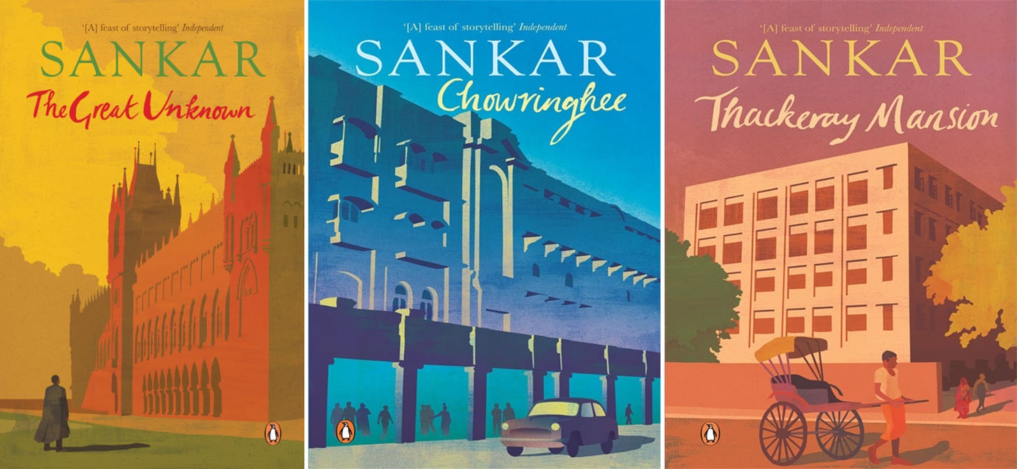 “The Great Unknown“, “Chowringhee“, “Thackeray Mansion“ (from left to right)