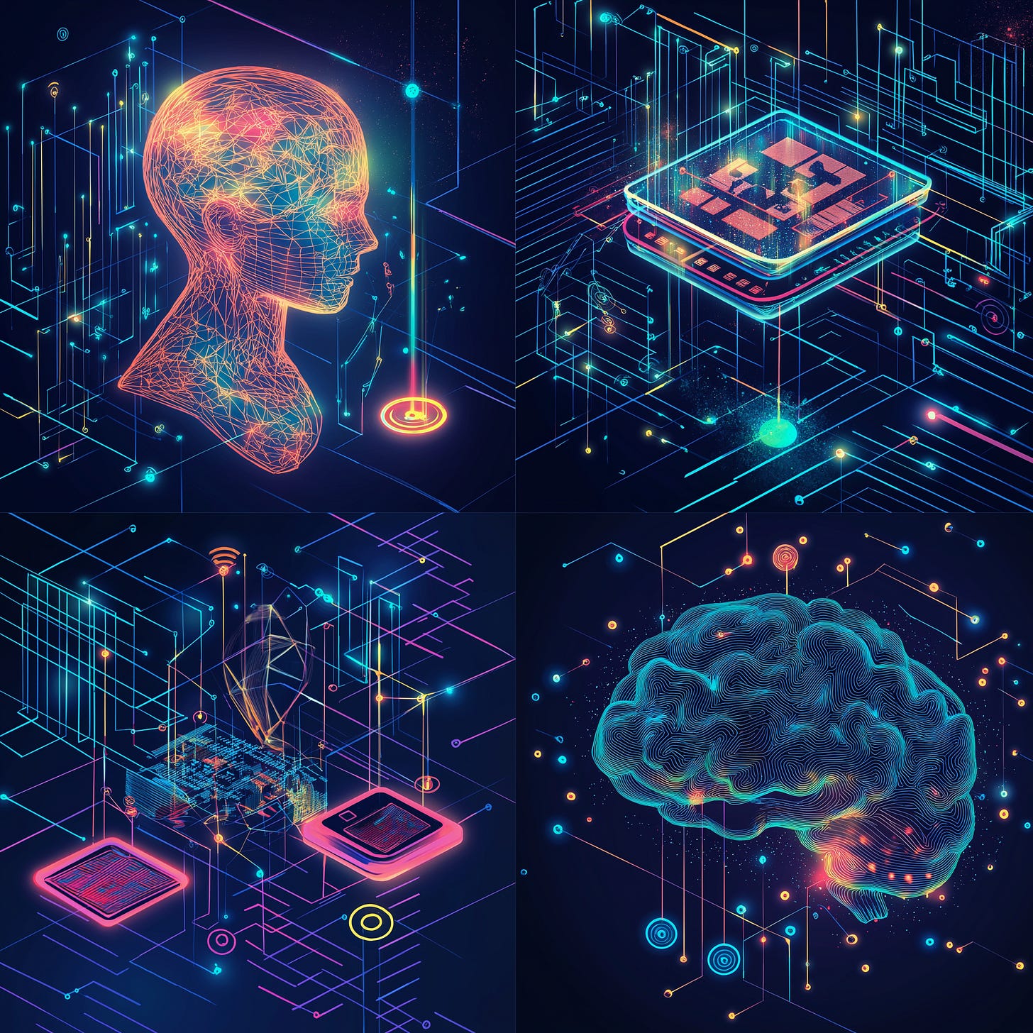 A futuristic, high-tech visual representation of AI's impact, divided into four quadrants, each symbolizing a key challenge and opportunity. The top-left quadrant features a glowing humanoid head made of interconnected neural networks, representing Artificial General Intelligence (AGI). The top-right quadrant showcases an advanced AI microchip with pulsating data streams, symbolizing AI hardware and computing power. The bottom-left quadrant presents a digital cityscape with interconnected processors, illustrating AI-driven economic and social transformation. The bottom-right quadrant displays a stylized, glowing brain with circuit-like connections, depicting the intersection of AI myths and realities. The entire composition is connected by sleek, neon-lit pathways in Electric Blue, Sunset Pink, and Sunshine Yellow, set against a deep navy background with intricate grid patterns, reinforcing the futuristic and interconnected nature of AI’s evolution.
