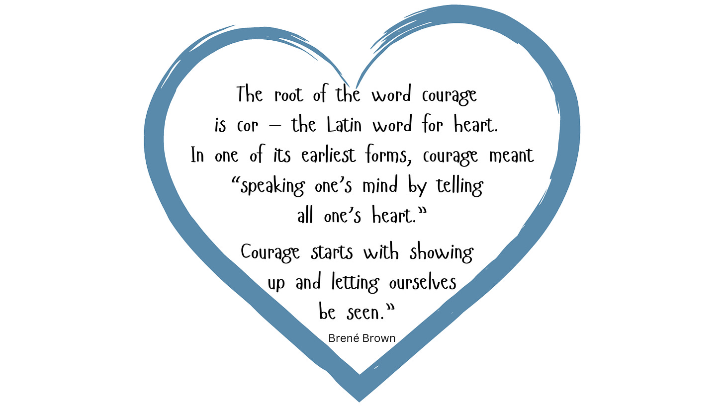 An image with a blue outline of a heart shape with this quote from Brene Bown in the center: The root of the word courage is cor – the Latin word for heart. In one of its earliest forms, courage meant “ speaking one’s mind by telling all one’s heart. Courage starts with showing up and letting ourselves be seen.” 