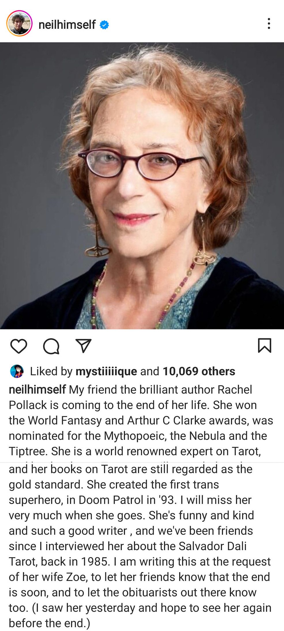 Photo of Rachel Pollack and Screenshot from Neil Gaiman's Instagram account