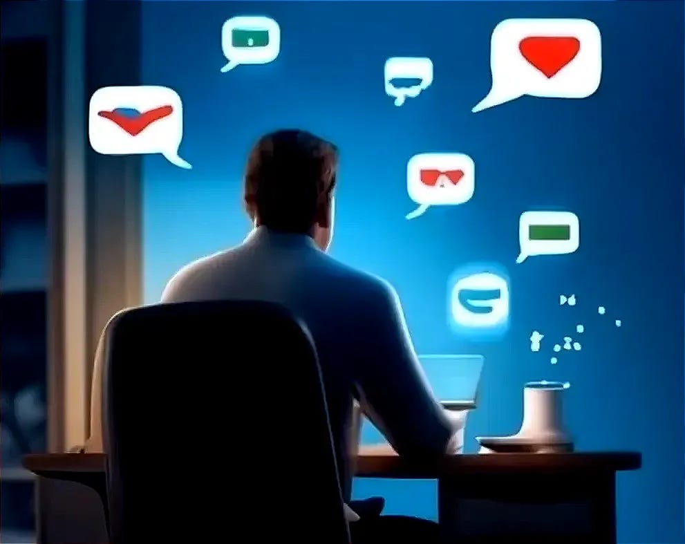 Person with back to us sitting at desk with computer with dialogue balloons around their head with blurred icons.