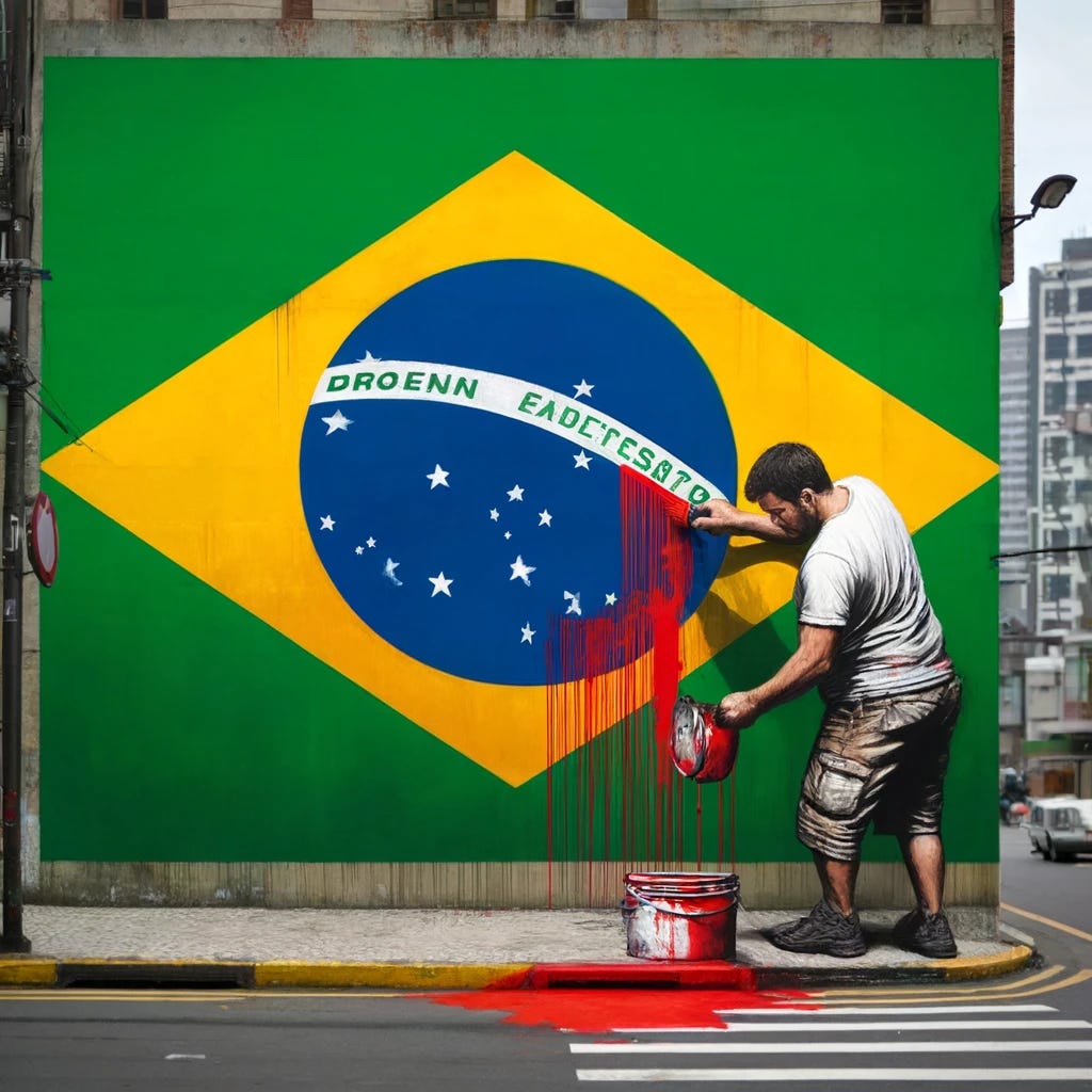 A large Brazilian flag painted on a city wall. A heavy-set man is actively painting over part of the flag with red paint. The scene is urban, with visible elements of the city like buildings and a sidewalk. The man is focused on his task, holding a paintbrush, wearing casual clothing. The flag is mostly green with a yellow diamond and a blue globe in the center. The red paint contrasts sharply with the original colors of the flag.