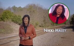 Nikki Haley releases a campaign ad for 2024 presidential run // Inset: Whoopi Goldberg reacts to Haley's announcement (The View)