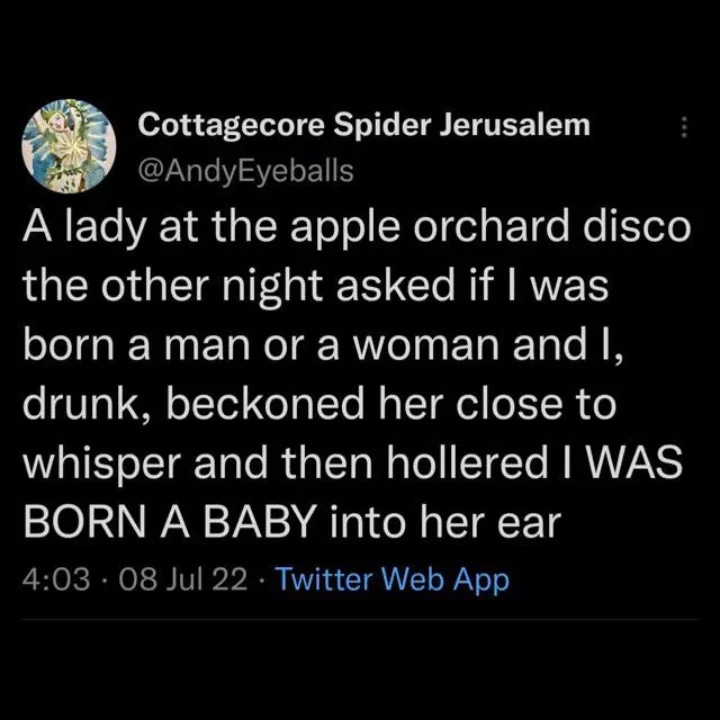 Screenshot of a Twitter post from 08 July 2022 from @AndyEyeballs that says

A lady at the apple orchard disco the other night asked if I was born a man or a woman and I, drunk, beckoned her close to whisper and then hollered I WAS BORN A BABY into her ear