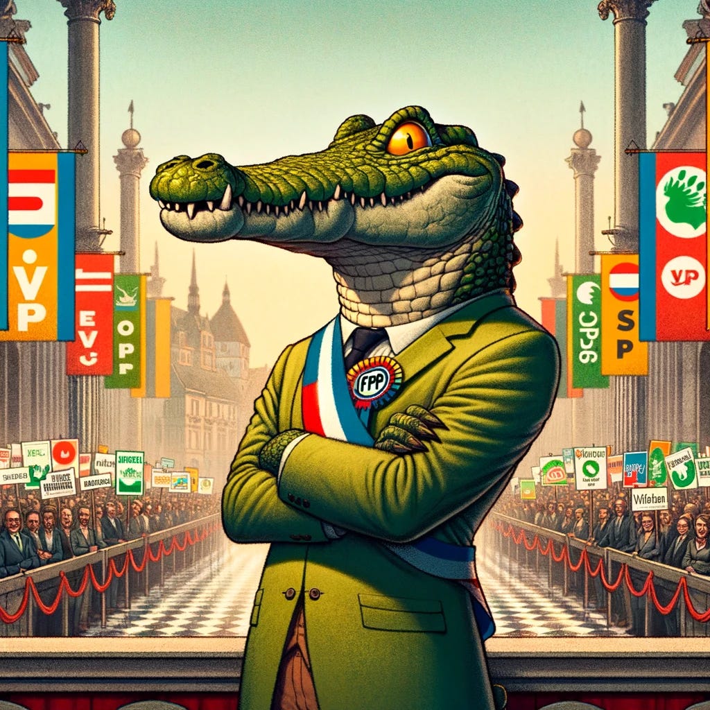 A crocodile wearing a symbolic sash of the Austrian Freedom Party (FPÖ) with a mischievous smile, standing in a classic political cartoon style. The scene is set in a metaphorical political arena, filled with banners displaying Austrian political parties like ÖVP, SPÖ, and the Greens. The background is a bustling election day atmosphere with a hint of Austrian landmarks. The artwork is colorful and emphasizes the crocodile as a dominant yet playful figure in this animated political setting.