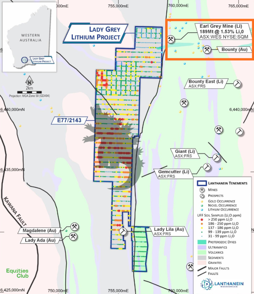 A map showing Lanthanein Resources' Lady Grey Lithium Project in WA
