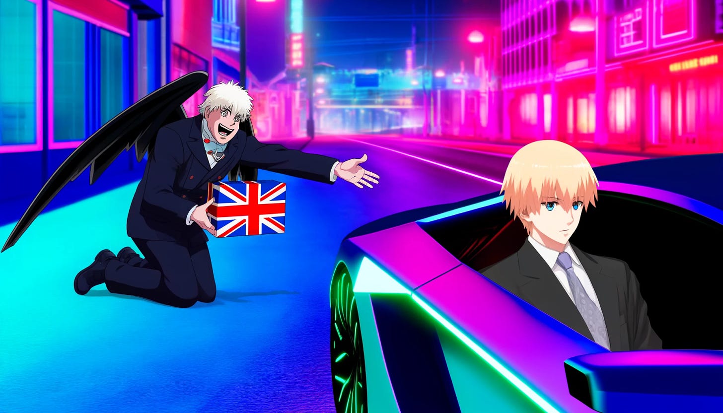 A futuristic anime scene with a seraphic blonde anime boy driving inside a sleek, high-tech car on a neon-lit city street. Visible through the car window, the anime boy looks composed. Beside the road, a British politician in a space suit is actively begging for money, his face clearly visible and expressing desperation. The environment is vibrant, showcasing the stark contrast between the advanced technology of the car and the politician's predicament.