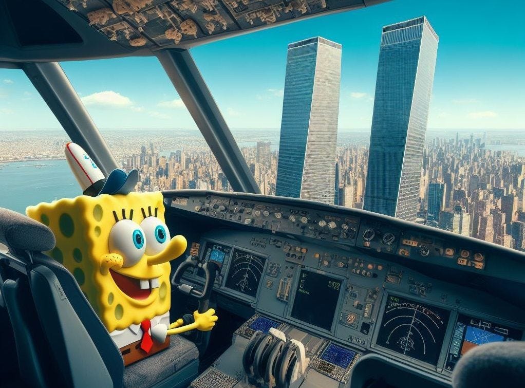 Spongebob Squarepants smiling in the cockpit of an airplane as he flies directly towards two large skyscrapers towing over a city that looks an awful lot like New York. 